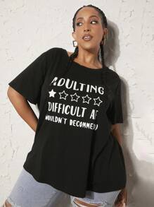 SHEIN CURVE+ 大碼標語圖案落肩T恤 - 黑色 - 查看 7