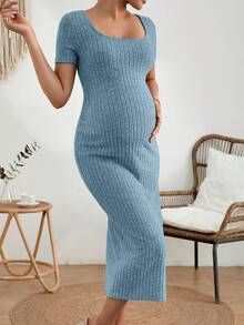 SHEIN 孕婦條紋針織大圓領洋裝 - 藍色 - 查看 4