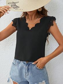 SHEIN Clasi Guipure Ren tương phản Cắt vỏ sò Áo sơ mi - màu đen - Xem 1