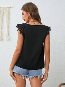 SHEIN Clasi Guipure Ren tương phản Cắt vỏ sò Áo sơ mi - màu đen - Xem 2