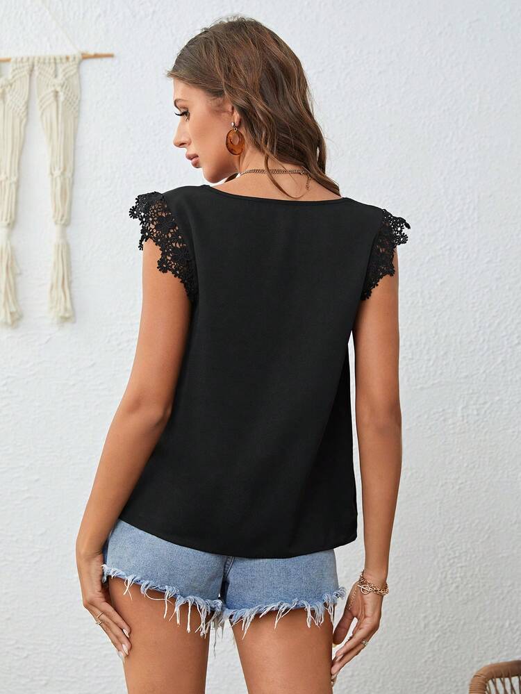 SHEIN Clasi Guipure Ren tương phản Cắt vỏ sò Áo sơ mi - màu đen - Xem 2