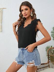 SHEIN Clasi Guipure Ren tương phản Cắt vỏ sò Áo sơ mi - màu đen - Xem 4