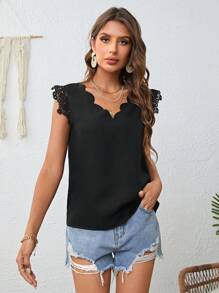 SHEIN Clasi Guipure Ren tương phản Cắt vỏ sò Áo sơ mi - màu đen - Xem 6