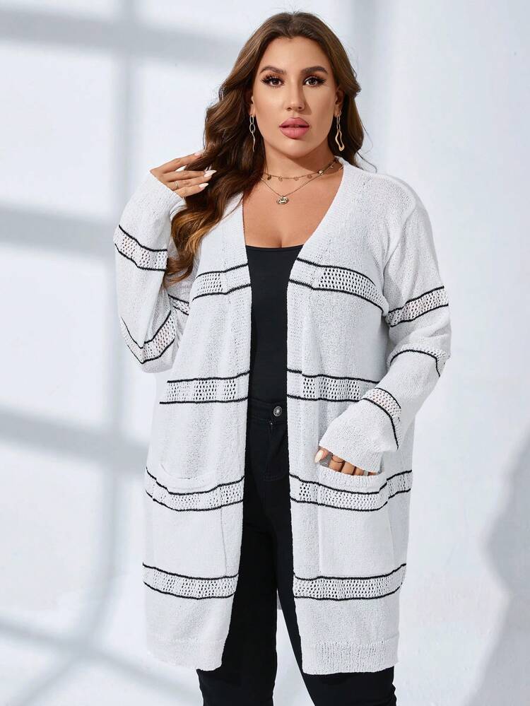 Plus Striped Pattern Pocket Patched Duster Cardigan