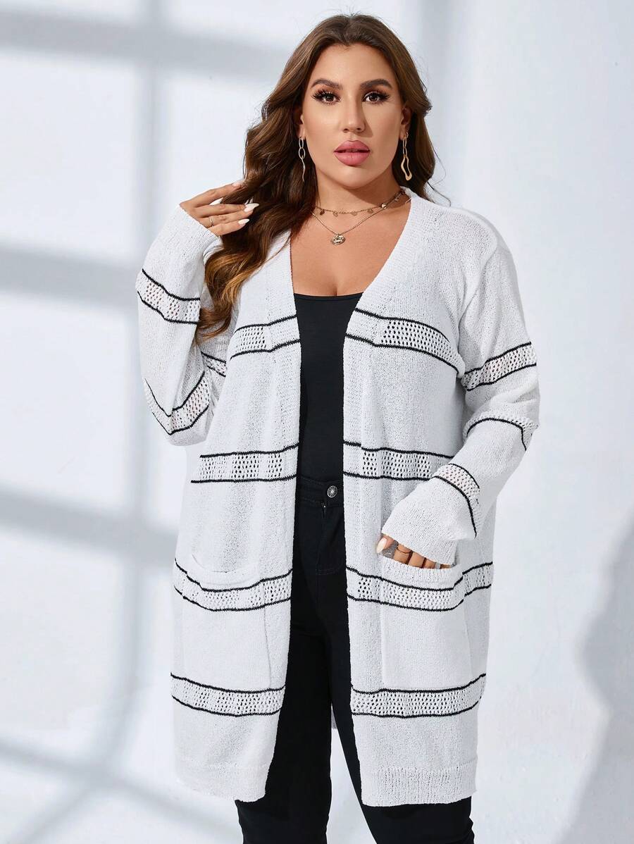 SHEIN Clasi Plus Striped Pattern Pocket Patched Duster Cardigan - White - View 1