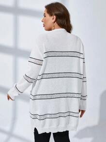 SHEIN Clasi Plus Striped Pattern Pocket Patched Duster Cardigan - White - View 2