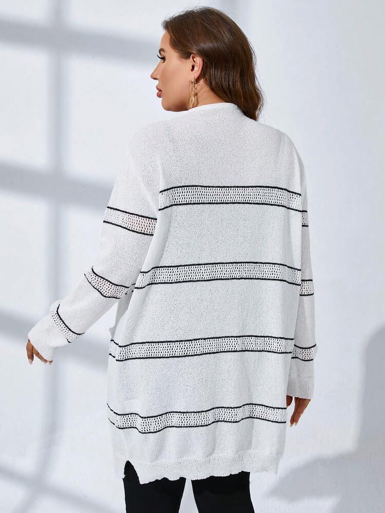 Plus Striped Pattern Pocket Patched Duster Cardigan