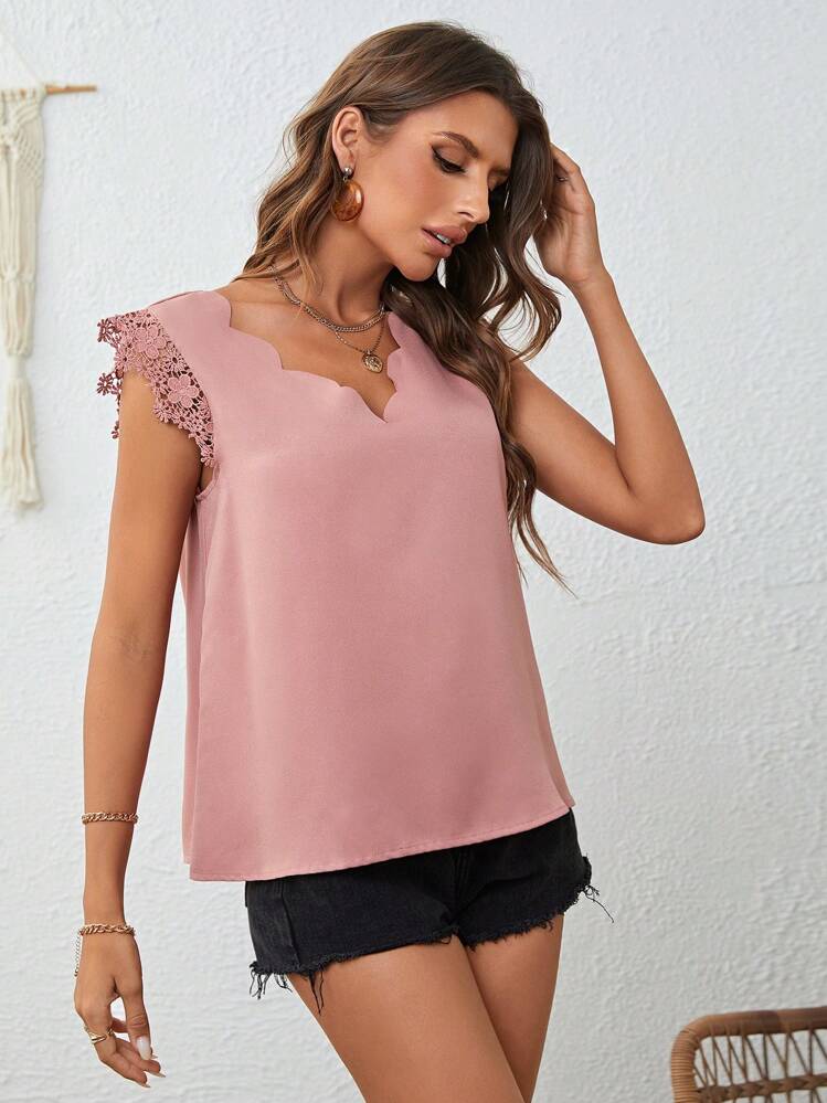 SHEIN LUNE Guipure Ren tương phản Cắt vỏ sò Áo sơ mi - Bụi hồng - Xem 3