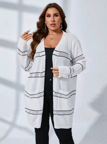 SHEIN Clasi Plus Striped Pattern Pocket Patched Duster Cardigan - White - View 3