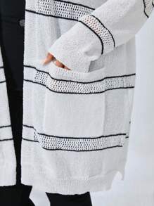 SHEIN Clasi Plus Striped Pattern Pocket Patched Duster Cardigan - White - View 4