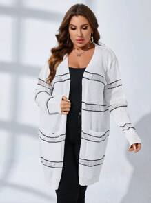 SHEIN Clasi Plus Striped Pattern Pocket Patched Duster Cardigan - White - View 5