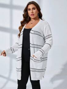 SHEIN Clasi Plus Striped Pattern Pocket Patched Duster Cardigan - White - View 6