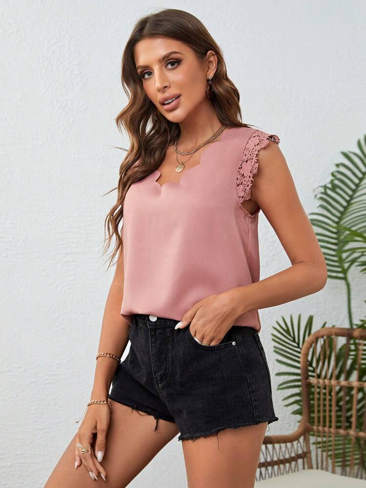 SHEIN LUNE Guipure Ren tương phản Cắt vỏ sò Áo sơ mi - Bụi hồng - Xem 6