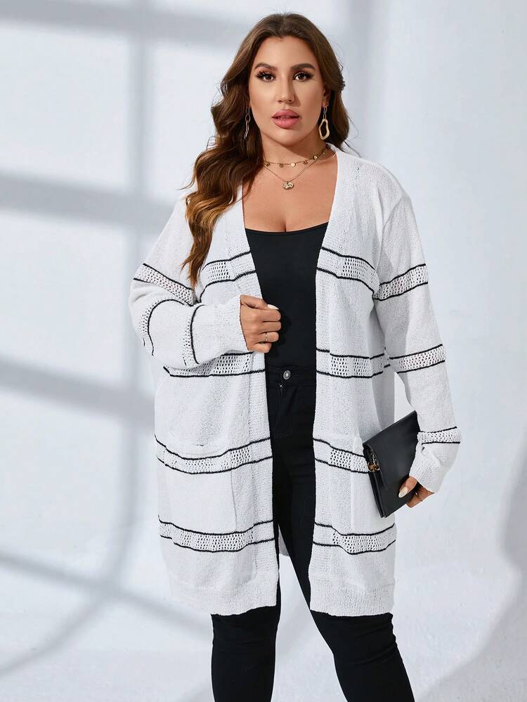 Plus Striped Pattern Pocket Patched Duster Cardigan