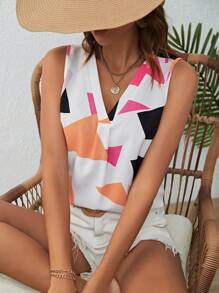 SHEIN LUNE 幾何印花V領襯衫 - 彩色 - 查看 1