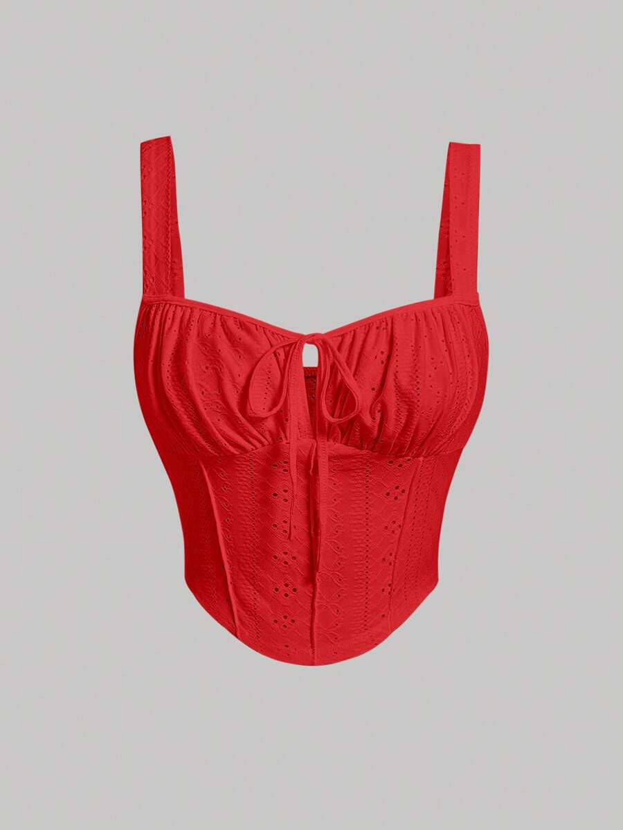 SHEIN MOD Ruched Bust Tie Front Wide Straps Top - Red - View 1