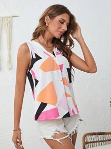 SHEIN LUNE 幾何印花V領襯衫 - 彩色 - 查看 3