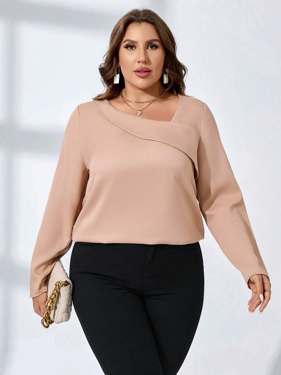 SHEIN Clasi Hơn Chất rắn Cổ không đối xứng Áo sơ mi - Lạc đà - Xem 1