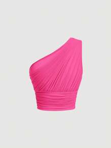 SHEIN MOD One Shoulder Ruched Crop Top - Hot Pink - View 2