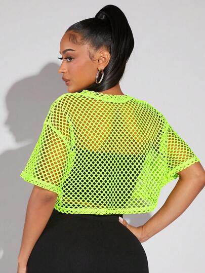 SHEIN SXY Neon Lime Fishnet Mesh Crop Top Without Cami Top Sexy Casual Crop Top Perspective Concert