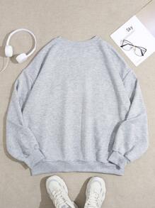 SHEIN LUNE 女士休闲简约泡菜印花超大圆领运动衫，秋冬，长袖上衣 - 淺灰色 - 查看 2