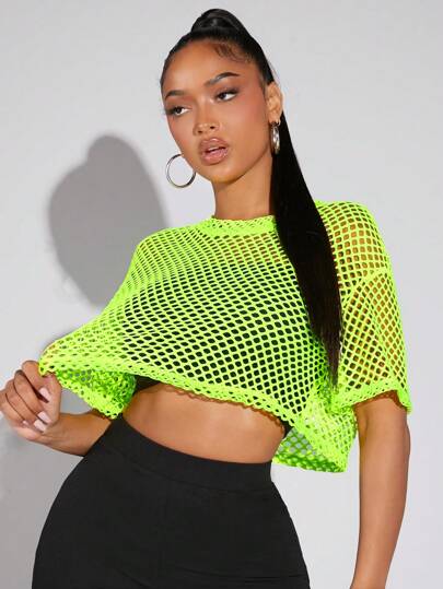 SHEIN SXY Neon Lime Fishnet Mesh Crop Top Without Cami Top Sexy Casual Crop Top Perspective Concert