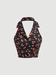 SHEIN MOD In Dâu tây Nút phía trước Áo hai dây - màu đen - Xem 1