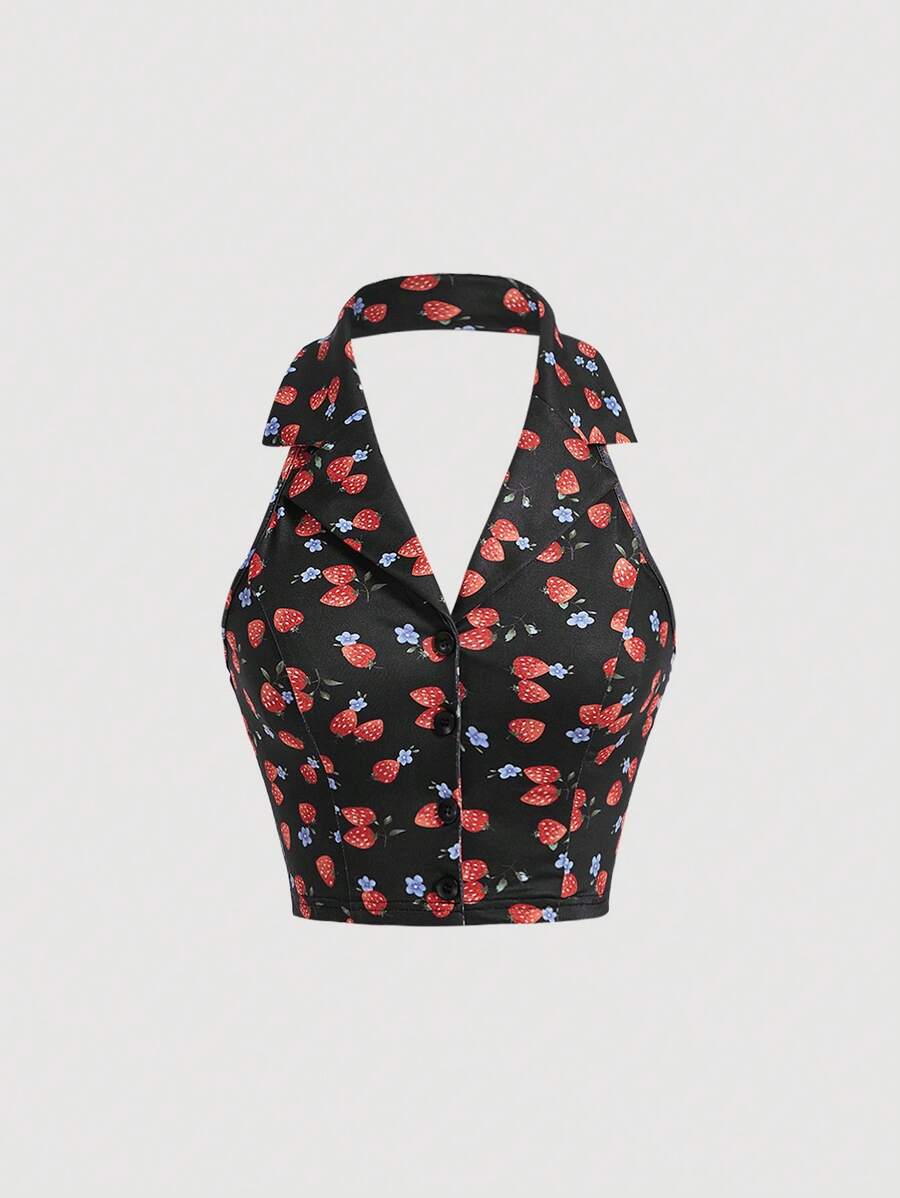 SHEIN MOD In Dâu tây Nút phía trước Áo hai dây - màu đen - Xem 1