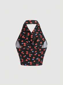 SHEIN MOD In Dâu tây Nút phía trước Áo hai dây - màu đen - Xem 2