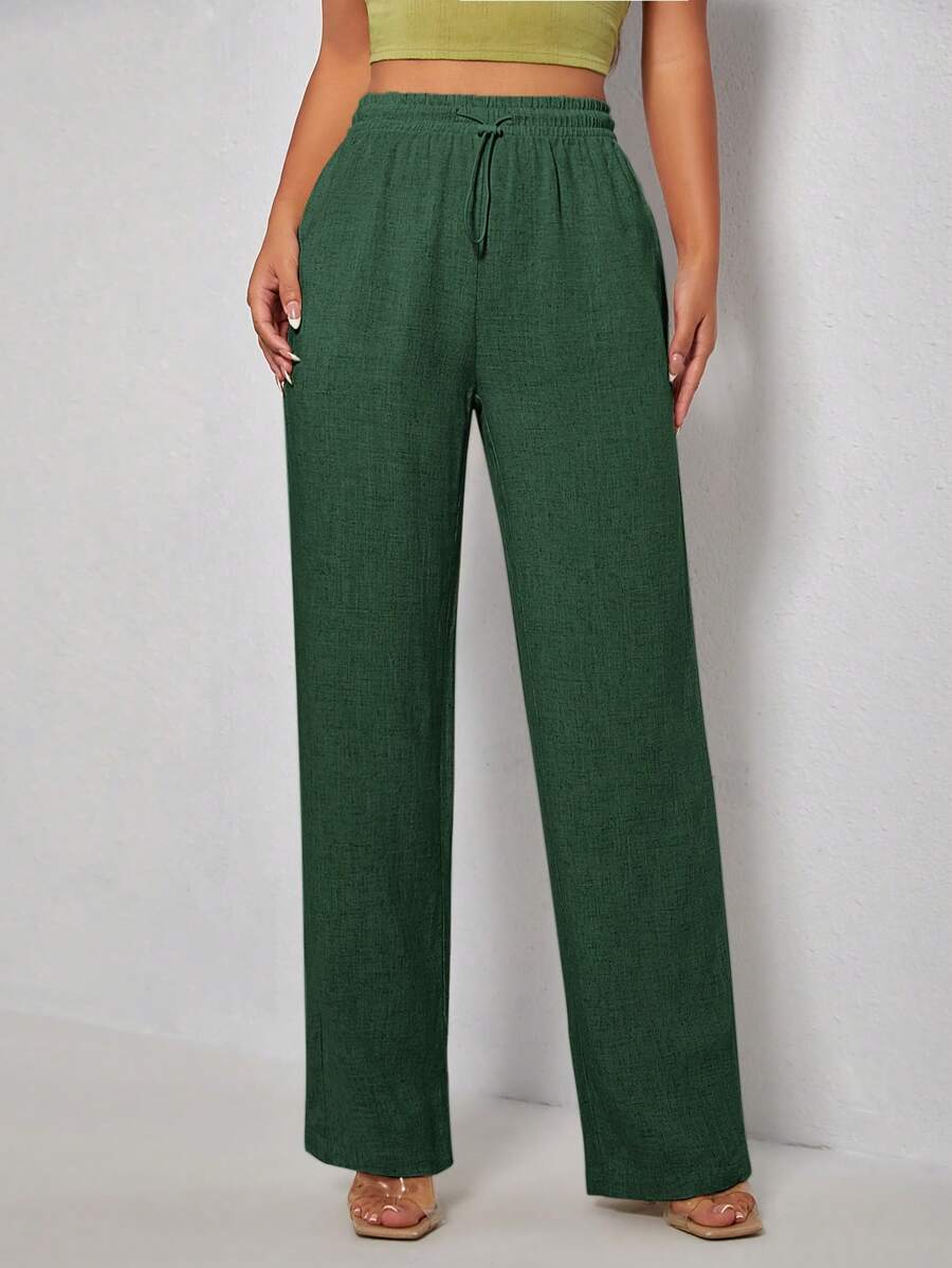 SHEIN PETITE Solid Drawstring Waist Straight Leg Pants - Dark Green - View 1