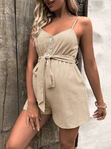 SHEIN 孕婦前紐扣腰帶吊帶連體短褲 - 杏色 - 查看 5