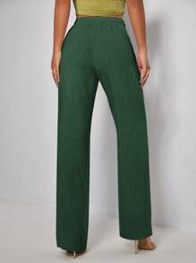 SHEIN PETITE Solid Drawstring Waist Straight Leg Pants - Dark Green - View 2