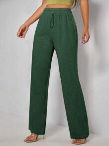 SHEIN PETITE Solid Drawstring Waist Straight Leg Pants - Dark Green - View 3