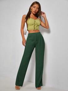 SHEIN PETITE Solid Drawstring Waist Straight Leg Pants - Dark Green - View 4