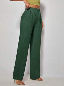 SHEIN PETITE Solid Drawstring Waist Straight Leg Pants - Dark Green - View 5
