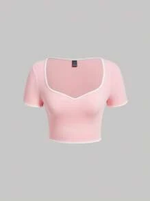 SHEIN MOD Cổ Trái tim Tương phản ràng buộc Áo phông Crop - Màu Hồng baby - Xem 1