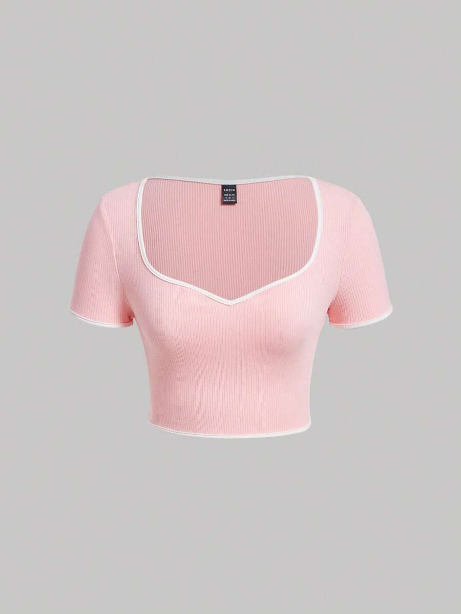 SHEIN MOD Cổ Trái tim Tương phản ràng buộc Áo phông Crop - Màu Hồng baby - Xem 1