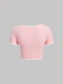 SHEIN MOD Cổ Trái tim Tương phản ràng buộc Áo phông Crop - Màu Hồng baby - Xem 2