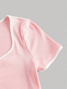 SHEIN MOD Cổ Trái tim Tương phản ràng buộc Áo phông Crop - Màu Hồng baby - Xem 4