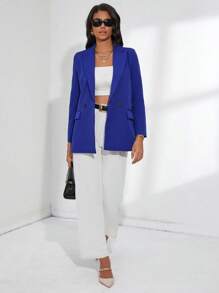 GENKIRA Casual Solid Double Breasted Lapel Neck Blazer  - Royal Blue - View 6