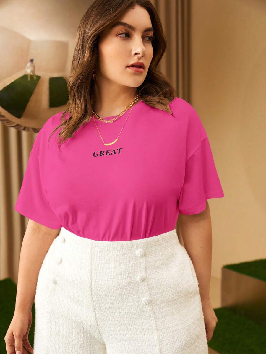 SHEIN Essnce Hơn Đồ họa Chữ cái Áo thun Thả vai - Màu Hồng Tươi - Xem 1