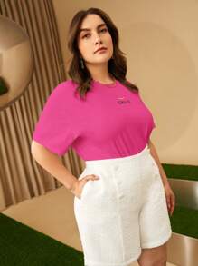 SHEIN Essnce Hơn Đồ họa Chữ cái Áo thun Thả vai - Màu Hồng Tươi - Xem 3