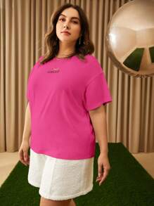 SHEIN Essnce Hơn Đồ họa Chữ cái Áo thun Thả vai - Màu Hồng Tươi - Xem 5