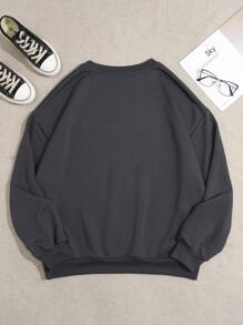 SHEIN EZwear 歐美風格印花圓領長袖女式運動衫 - 深灰色 - 查看 2