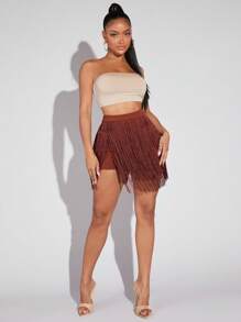 SHEIN SXY Nhiều lớp Viền rìa Váy quần - Rỉ Nâu - Xem 3