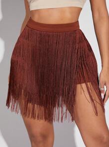 SHEIN SXY Nhiều lớp Viền rìa Váy quần - Rỉ Nâu - Xem 4