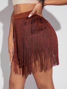 SHEIN SXY Nhiều lớp Viền rìa Váy quần - Rỉ Nâu - Xem 5