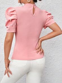 SHEIN Privé Ngọc trai đính cườm Ống tay áo Cổ giả Áo thun - Màu Hồng baby - Xem 2