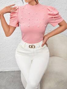 SHEIN Privé Ngọc trai đính cườm Ống tay áo Cổ giả Áo thun - Màu Hồng baby - Xem 3