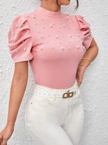 SHEIN Privé Ngọc trai đính cườm Ống tay áo Cổ giả Áo thun - Màu Hồng baby - Xem 4